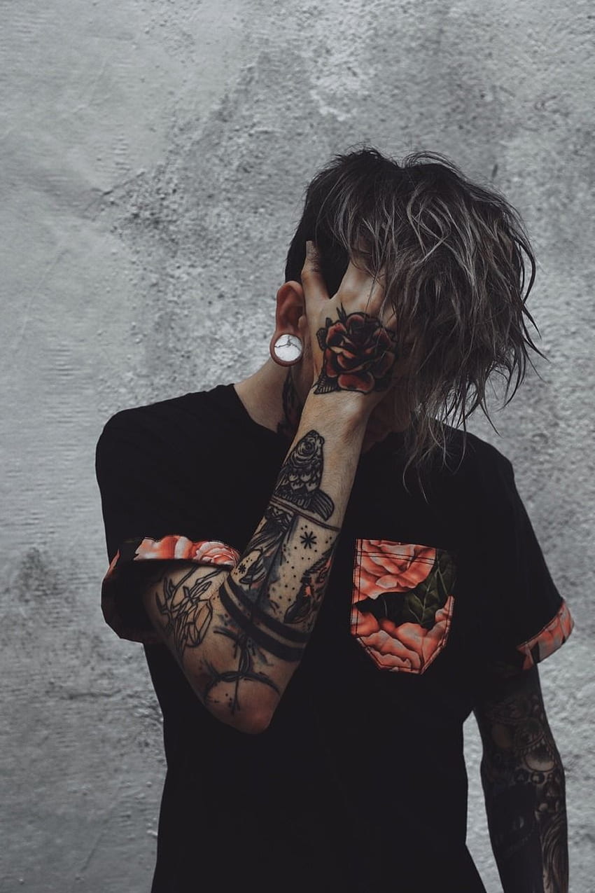 Lexica - Anime young adult man with long black messy hair, red eyes and red  tattoos under eyes, sad face, black hoodie