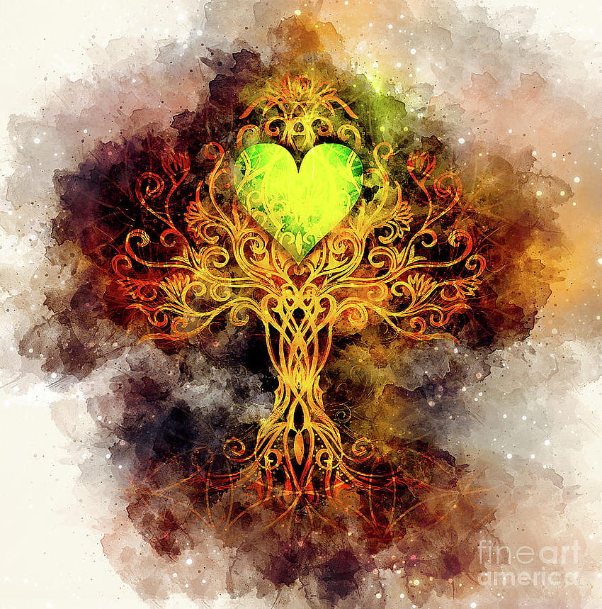 構造化された観賞用の背景に心臓の形、生命の花のパターン、ユグドラシルの生命の木のシンボル。 ミクストメディア、ケルトの生命の木 HD電話の壁紙
