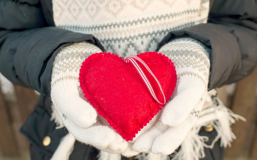 Untukmu!, musim dingin, valentine, putih, merah, sarung tangan, hati, tangan Wallpaper HD