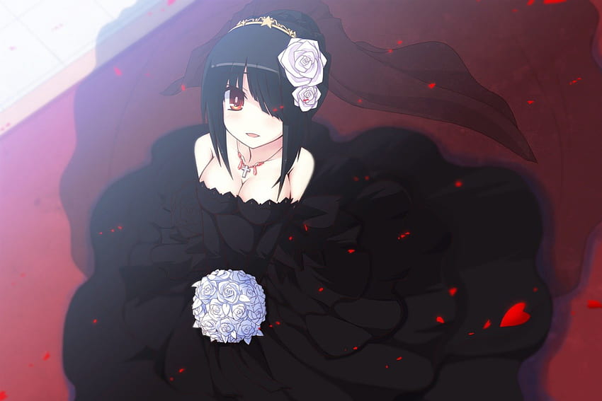 Kurumi Tokisaki, abito da sposa, carino, occhi rossi, capelli neri, vestito nero, matrimonio, rose bianche, appuntamento dal vivo, fiori rossi, sposa Sfondo HD