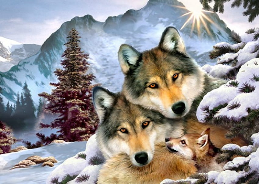 By Howard Robinson, winter, animal, painting, art, snow, howard robinson, wolf HD wallpaper