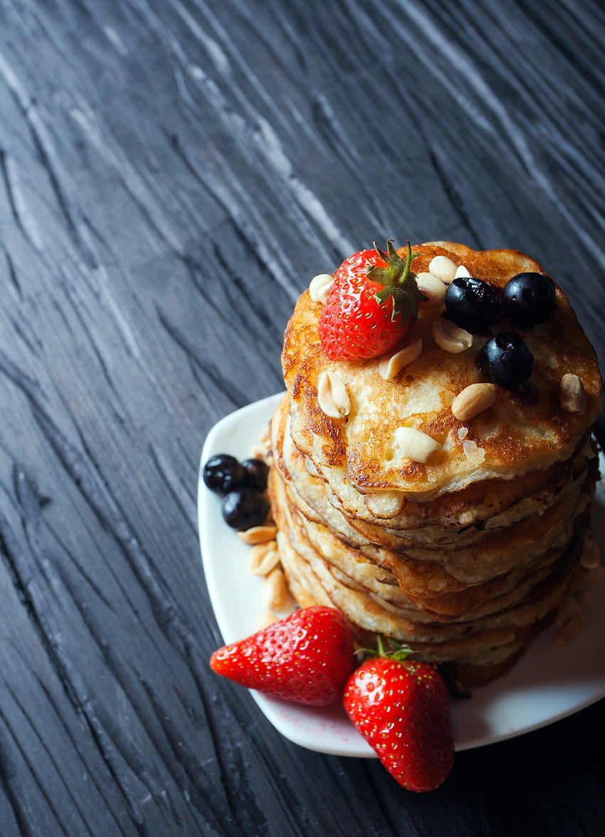 / pancake food pile plate and strawberry HD phone wallpaper