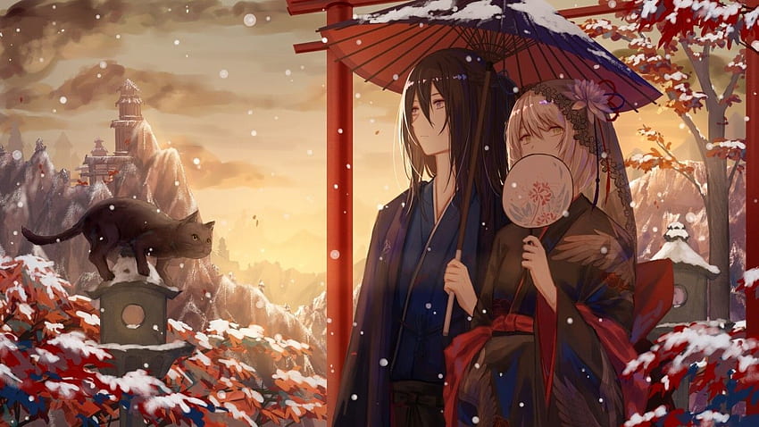 Anime Couple, Snow, Umbrella, Torii, Scenic for Laptop, Notebook, Anime Aesthetic HD wallpaper