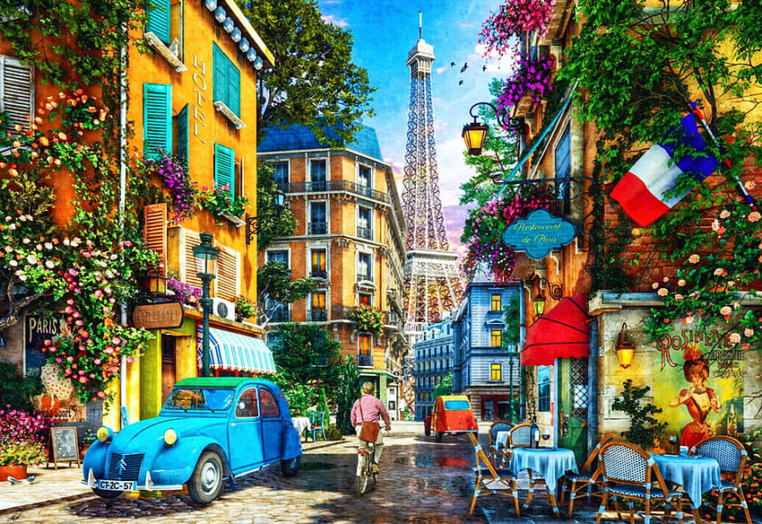 Old Streets of Paris, tables, car, flowers, people, flag, restaurant, chairs, artwork, eiffel tower, digital, vintage HD wallpaper