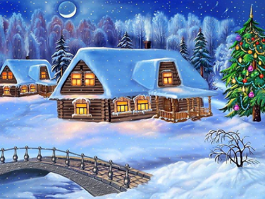 Happy New Year Christmas Tree Winter Village Houses Wooden Bridge HD wallpaper