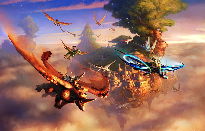 clouds, flight, the city, rock, tree, dragons, fantasy, art, creatures, riders, Rhino, riders, in the sky, top, flying for , section фантастика, Flying City HD wallpaper