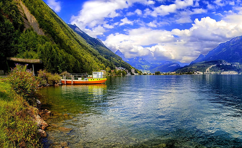 MOUNTAIN LAKE, Schwyz, 横向き, 水, Ingenboh, スイス, 海岸, 湖, 山, 自然 高画質の壁紙