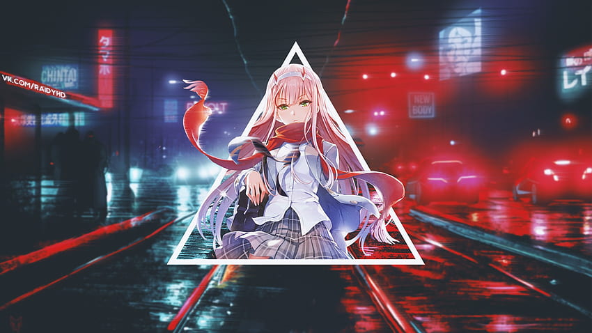 Darling In The FranXX Zero Two Hiro Zero Two On Center Of Road Like In A Triangle Line With Background Of Red Lights And Cars Anime . HD wallpaper