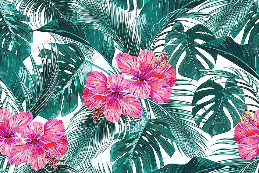 熱帯の花、葉のパターン。 熱帯の花, 花の背景, 水彩イラスト, ハワイのかわいい花 高画質の壁紙