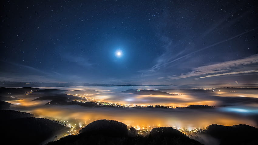 Suisse, Zurich, Uetliberg Mountain, City Night, Moon, Lights, Blue IPhone 8 7 6 6S , Background Fond d'écran HD