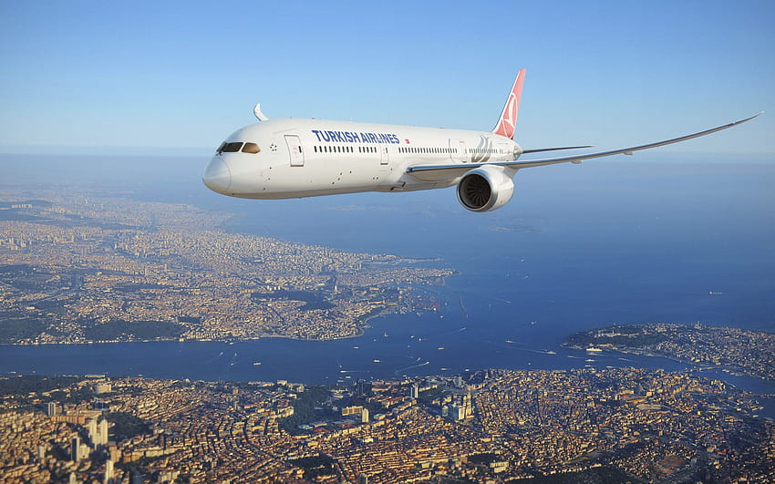 Turkish Airlines, passenger plane, Istanbul from above, Istanbul panorama, Bosphorus from above, Istanbul, Turkey, passenger transportation HD wallpaper
