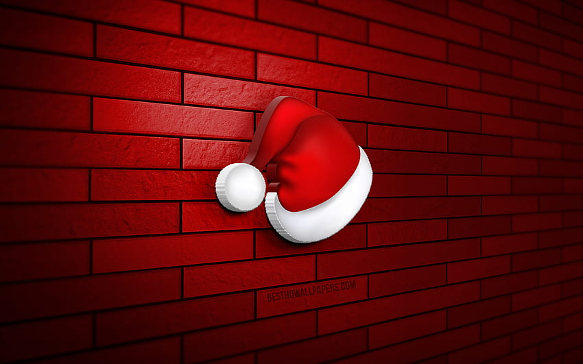 3D Santa Claus Hat, , red brickwall, Christmas decorations, Santa Claus Hat, Happy New Year, Merry Christmas, Santa Hat icon, 3D art, Santa Hat, xmas decorations HD wallpaper