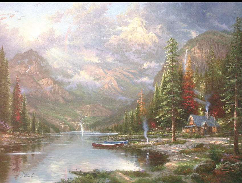 Mountain Majesty, Wasserfälle, Kanu, Lager, Kiefern, Berge, Feuer, See, Hütte HD-Hintergrundbild