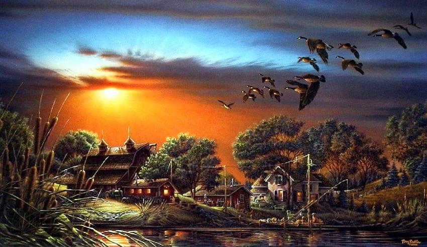 レイジー アフタヌーン、鳥、絵画、家、四季を愛する、田舎、雲、木、絵を描く、飛ぶ鳥、自然、空、川 高画質の壁紙