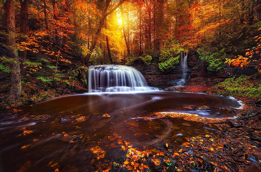 Waterfall in autumn forest, rays, colorful, sunlight, fall, beautiful, waterfall, cascades, trees, autumn, forest, foliage HD wallpaper