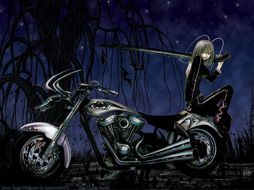 Maya Natsume, gece, motosiklet, av tüfeği, yalnız, bisiklet, tenjou tenge, kadın, natsume maya, kız, karanlık, ağaç, anime kız, tenjho tenge, anime, beyaz saç, silah, maya, koyu renkli arka plan, motosiklet HD duvar kağıdı