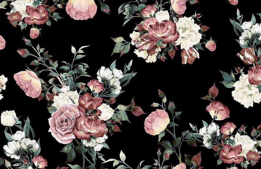 Vintage Pink & Black Floral Wand, Rot und Schwarz mit Blumen HD-Hintergrundbild