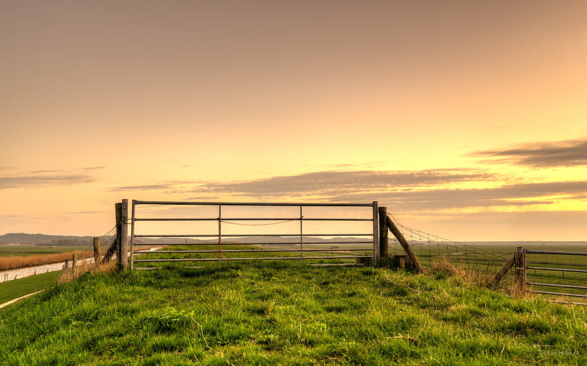 graphy of brown wooden fence surrounded by green grass field, Iowa Scenery HD wallpaper