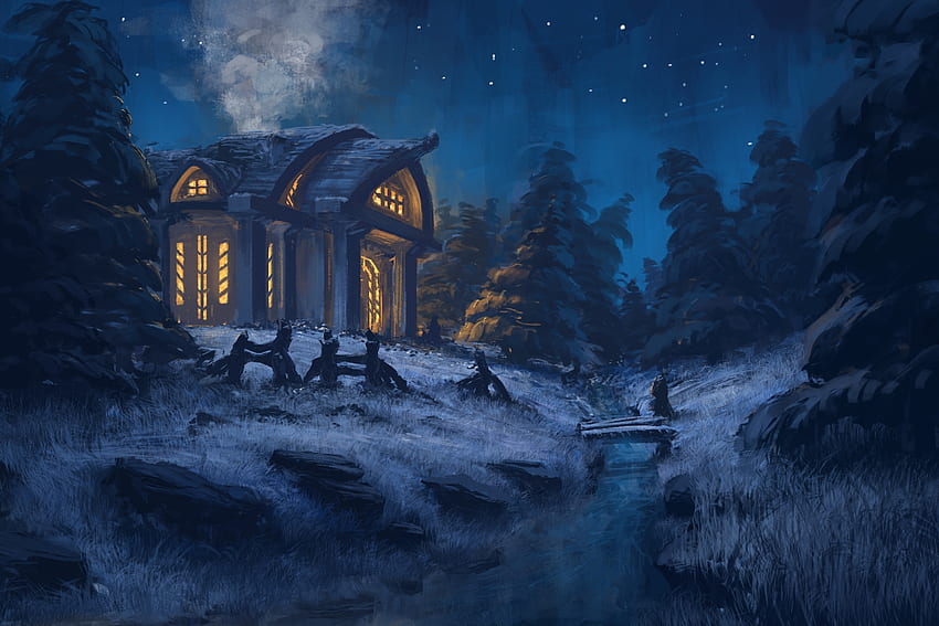 Winter Night, Midnight, Creek, Forest, Brook, Painting HD wallpaper