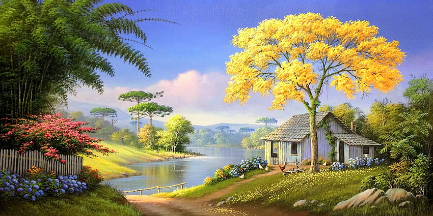 Cottage on the River, attractions in dreams, paintings, spring, summer, landscapes, love four seasons, cottages, rural, trees, nature, riverside, rivers, countryside HD wallpaper