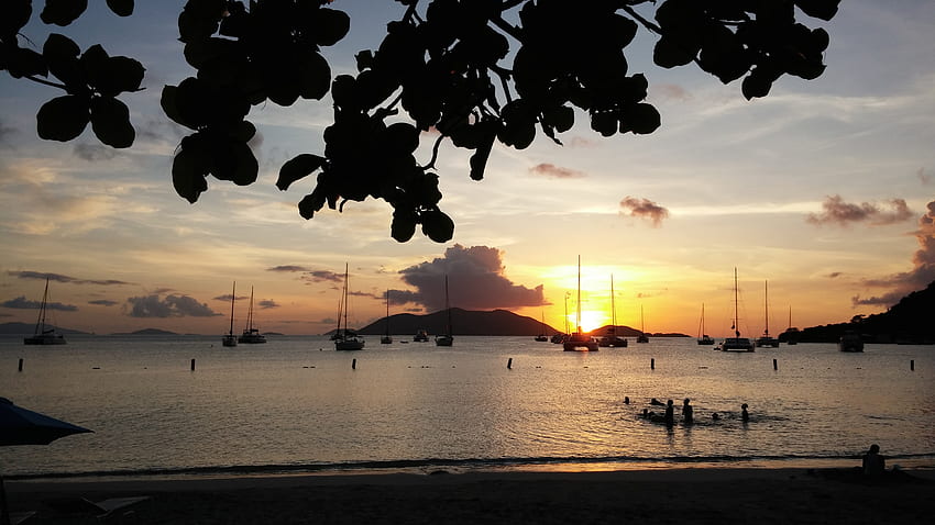 Beautiful sunset, boat, yacht, sand, leaves, clouds, Beach, sailing, nature, sky, water, sun, sunset, ocean HD wallpaper