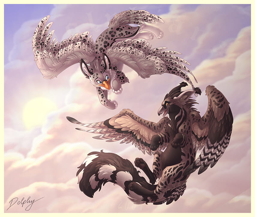 Over the Clouds by dolphy, tails, grey, fantasy, ears, cute, sky, beaks, creatures HD wallpaper