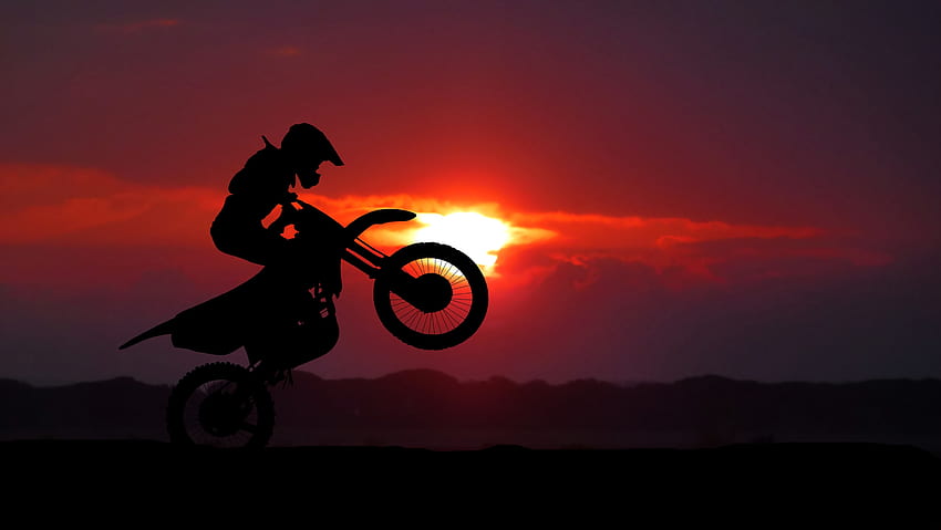 motocicleta, pôr do sol, motocicletas, silhueta, motociclista, truque, cruz papel de parede HD