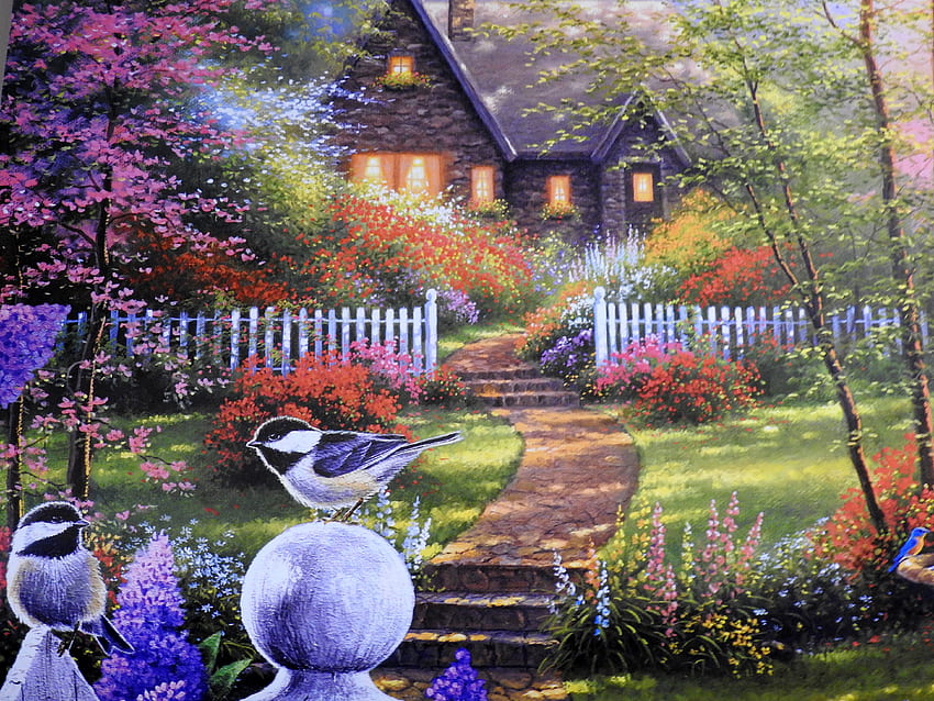Sommergarten, Garten, Haus, Kalender, Bäume, Gemälde, Blumen, Natur HD-Hintergrundbild