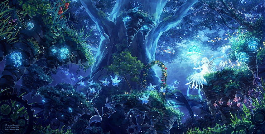 Noche del bosque animado. Bosque de fantasía, paisaje de anime, paisaje de fantasía, bosque mágico de la noche fondo de pantalla