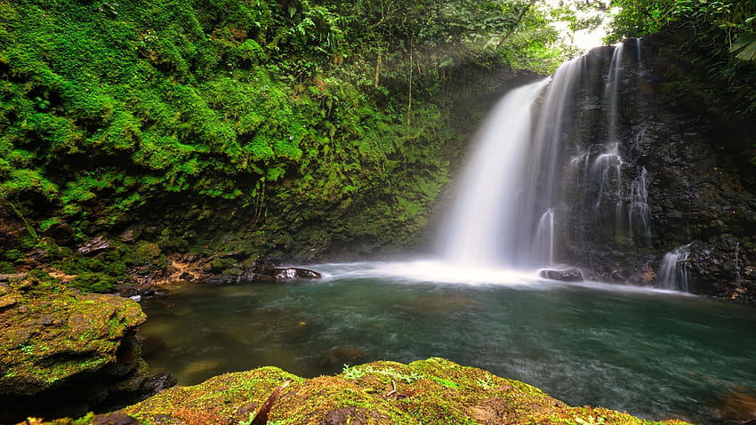 Danta Waterfall near Arenal Volcano, Costa Rica, trees, river, cascade, pond, rocks HD wallpaper