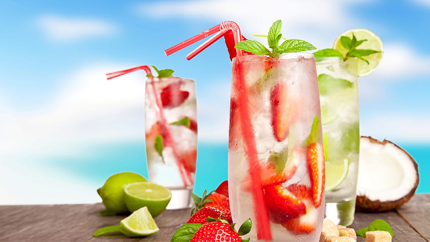 Cold drinks, cocktails, mojito, fruits, strawberry HD wallpaper