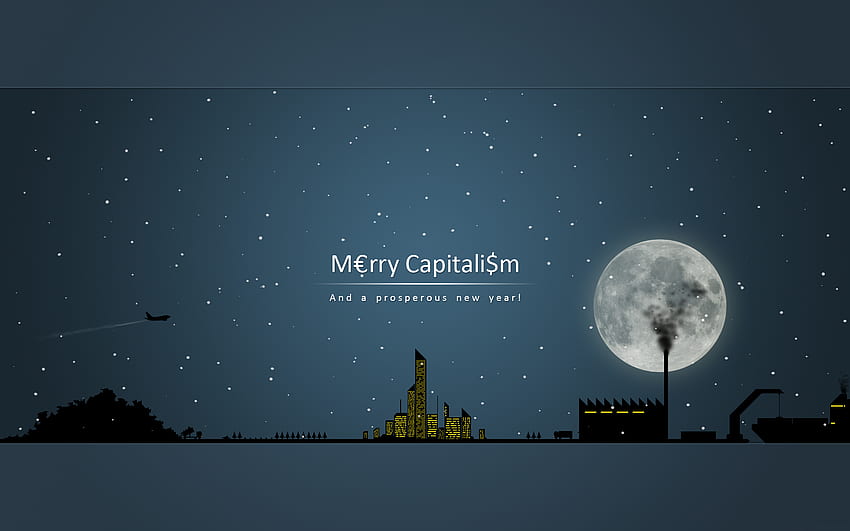 Merry Capitalism, azul, chimenea, luna, ciudad fondo de pantalla