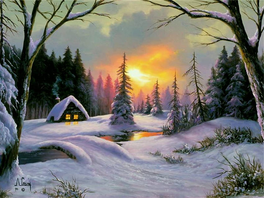 A. Casay, zima, a casay, malarstwo, sztuka, śnieg, wschód słońca Tapeta HD