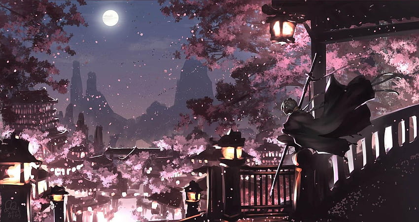 Anime Nocne drzewo kwitnącej wiśni, kwitnące wiśnie w nocy Tapeta HD
