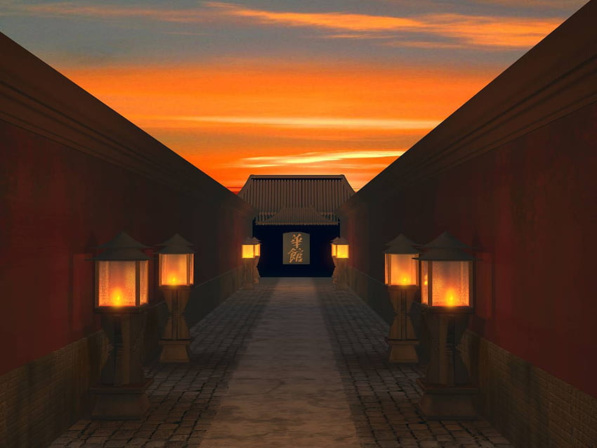 Zachód słońca w Enklawie, architektura, japonia, lampy, ścieżki, fantazja, azja, chmury, niebo, zachód słońca Tapeta HD