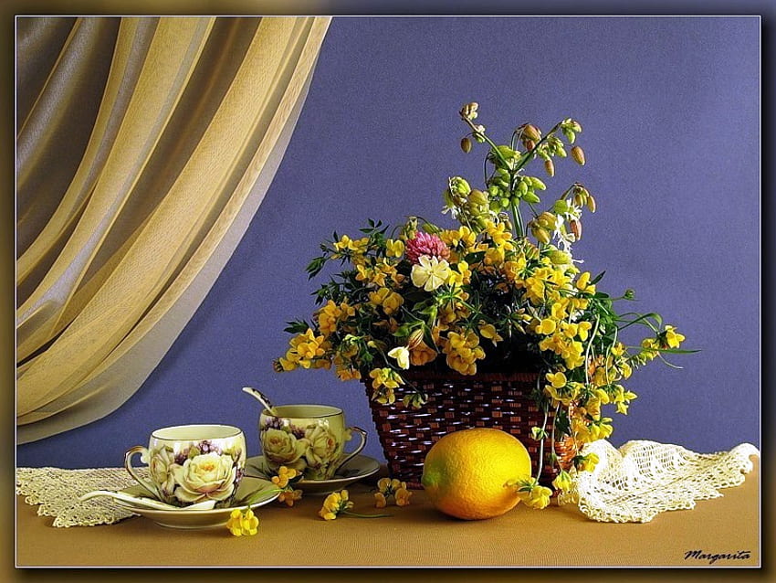 Nature morte, table, couleur, graphie, vase, belle, dentelle, arrangement, tasses, résumé, fruits, fleurs Fond d'écran HD