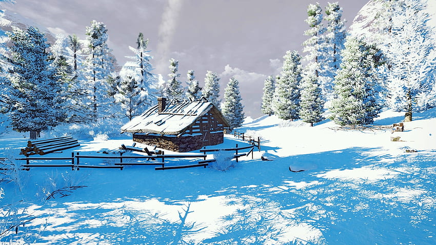 Cabin in winter, winter, frost, art, landscape, beautiful, cabin, snow, trees, cottage HD wallpaper