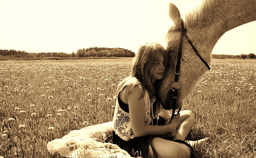 A Loving Moment, horse, cowgirl, field, brunette, trees, girl HD wallpaper