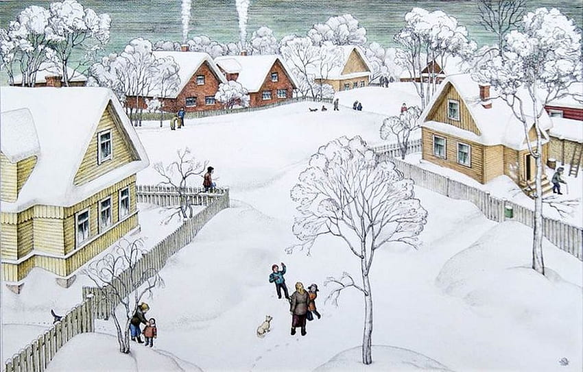 Yuri Lebedev.Snezhny paradise, winter, snow, christmas, yuri lebedev, village, ice HD wallpaper
