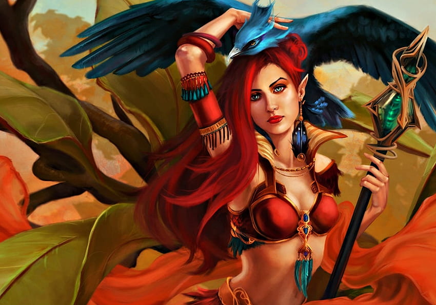 Fantasy girl, blue, wings, bird, dancer, art, girl, schultzee, woman, feather, fantasy, red, game, redhead HD wallpaper