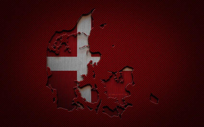 Carte du Danemark, , Pays européens, drapeau danois, fond de carbone rouge, silhouette de carte du Danemark, drapeau du Danemark, Europe, carte danoise, Danemark, drapeau du Danemark Fond d'écran HD