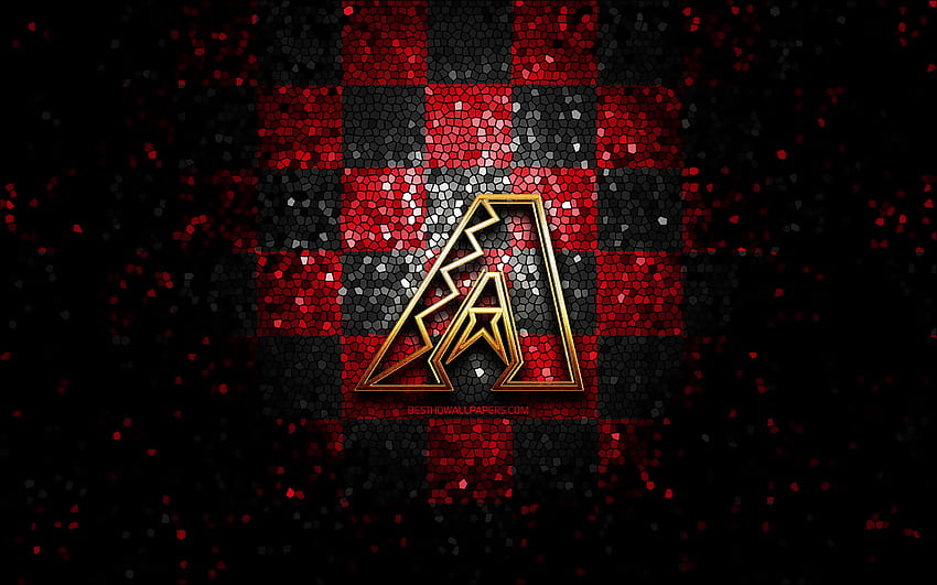 Arizona Diamondbacks emblem, glitter logo, MLB, red black checkered background, american baseball team, Major League Baseball, mosaic art, baseball, Arizona Diamondbacks HD wallpaper