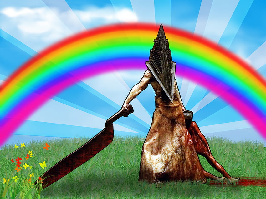 Pyramid Head, games, rainbow, machete, flowers, grass, playstation HD wallpaper