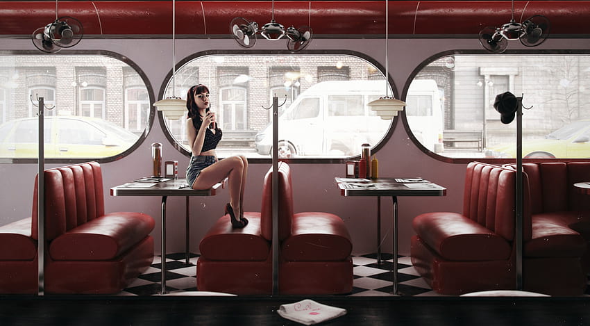 Call Me, american, window, red, diner, girl, cola HD wallpaper