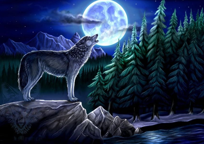 Wolfmoon, night, artwork, painting, moon, trees, wolf, rocks, predator HD wallpaper