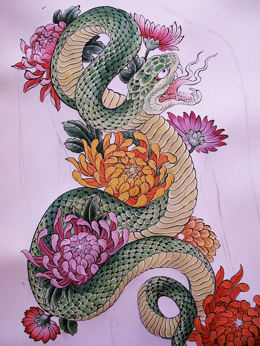 Wąż Garvera. Projekt tatuażu węża, japońskie symbole tatuażu, japońska sztuka tatuażu Tapeta na telefon HD