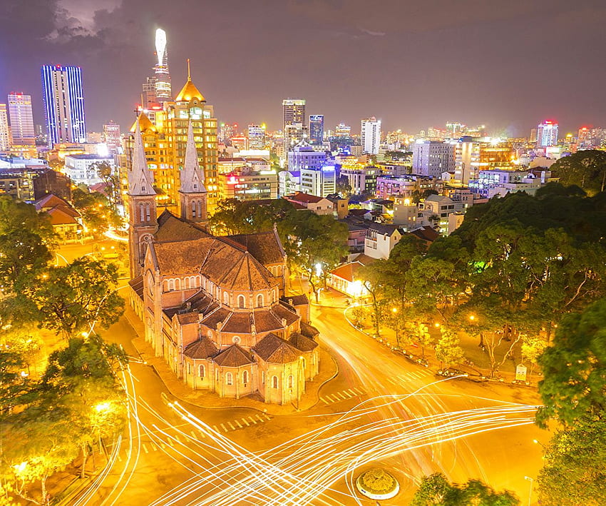 Vietnam Saigon Roads Night Street lights Cities Houses HD wallpaper