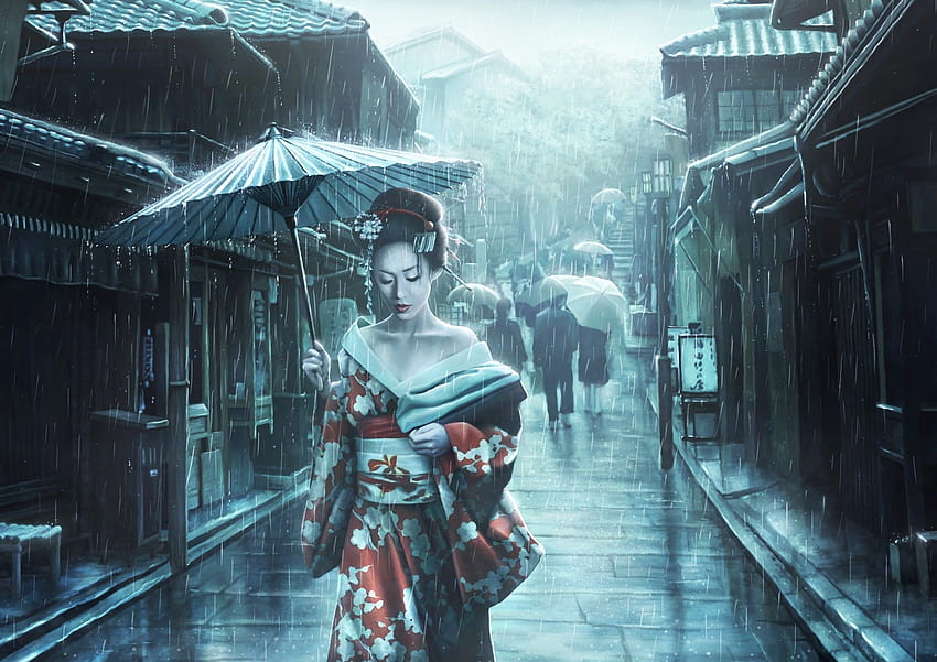: Frauen, Straße, asiatische Architektur, Kunstwerke, Kleid, japanische Geisha-Mädchen-Kunst HD-Hintergrundbild