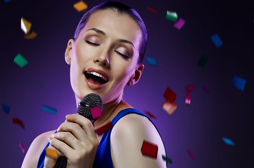 Singer, model, confetti, girl, hand, woman, purple, face, microphone HD wallpaper