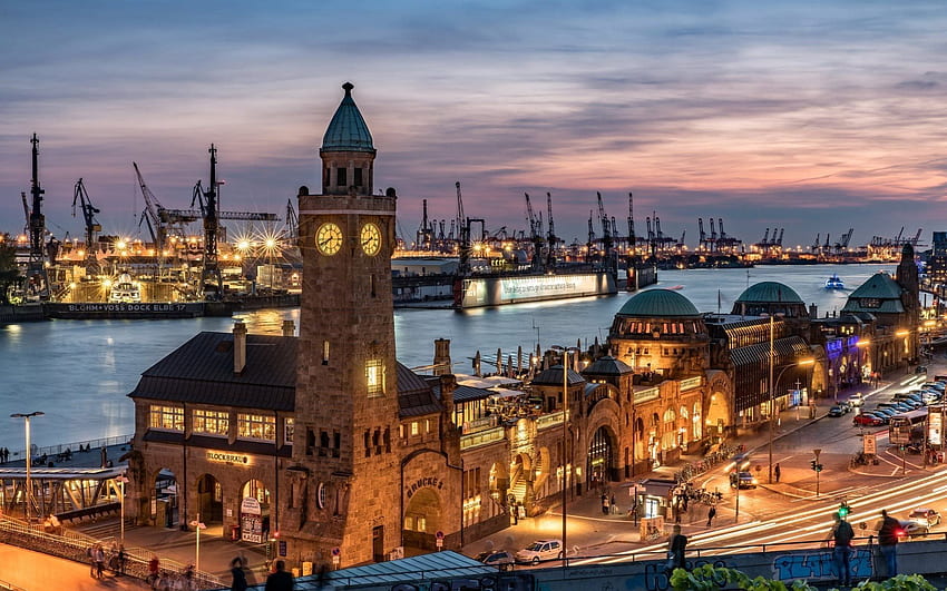 Hamburg, Niemcy, port morski, żurawie, zatoka Tapeta HD